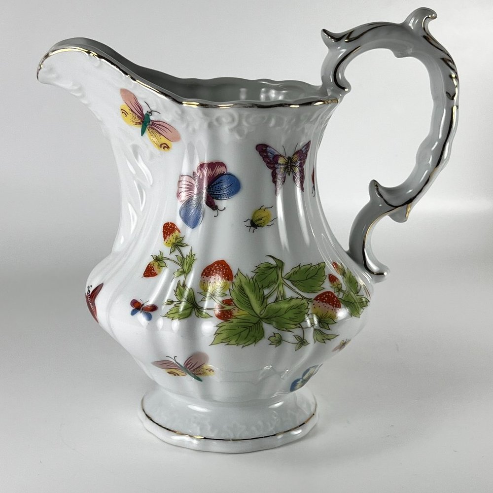 Vtg Ardault Lenwile Pitcher White Porcelain Strawberry Butterfly Lady Bug Japan